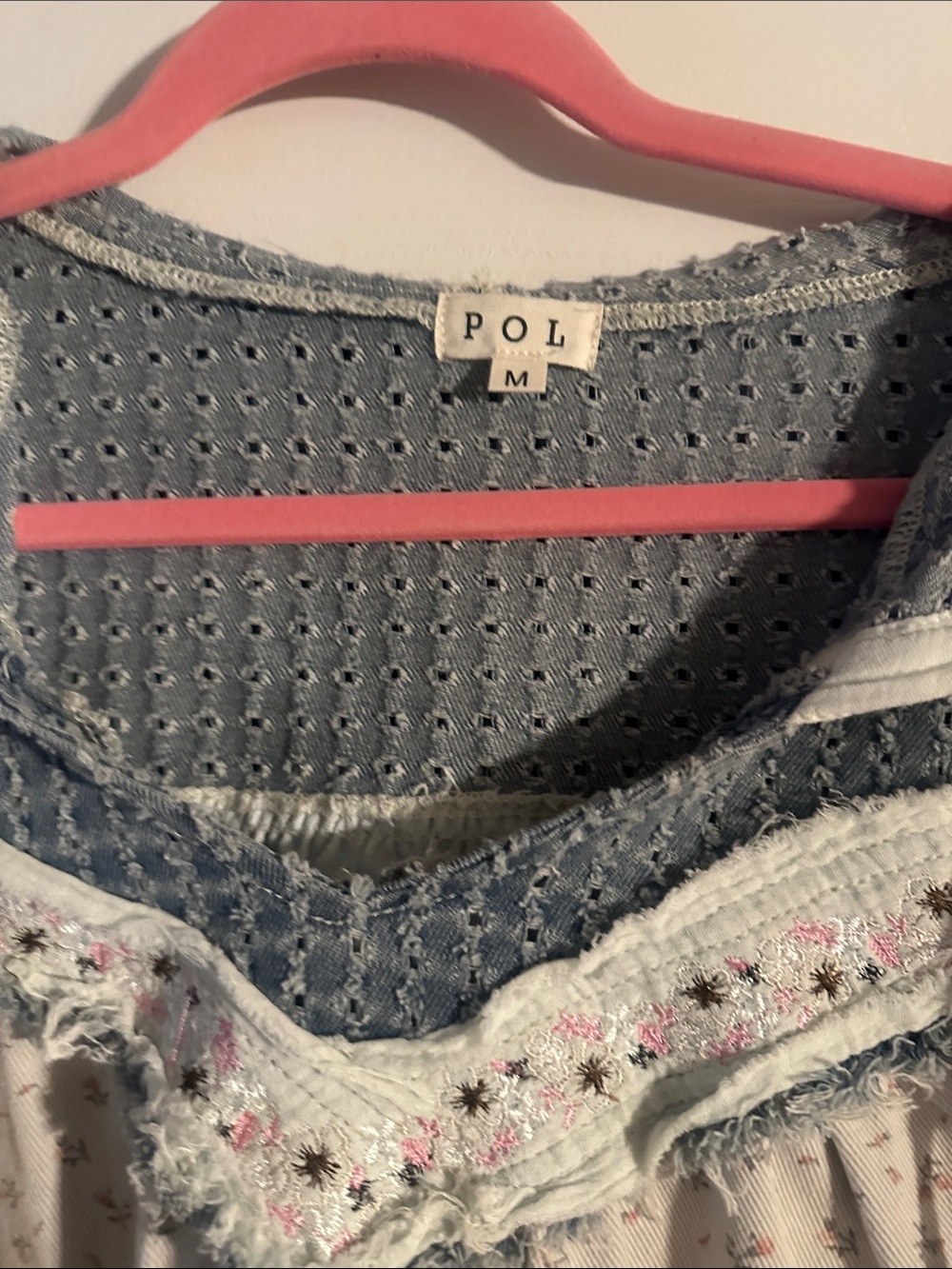 POL Patchwork Peasant Top in Dusty Blue & Cream - Picture 6 of 7